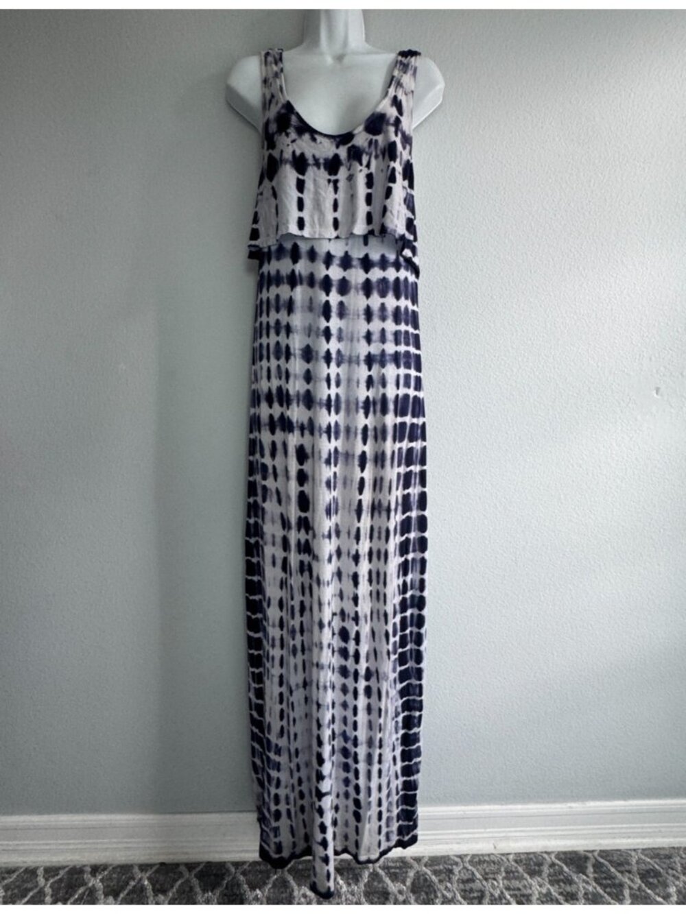 Cynthia Rowley Tie Dye Boho Maxi Dress Blue White Sleeveless Open Back Size M